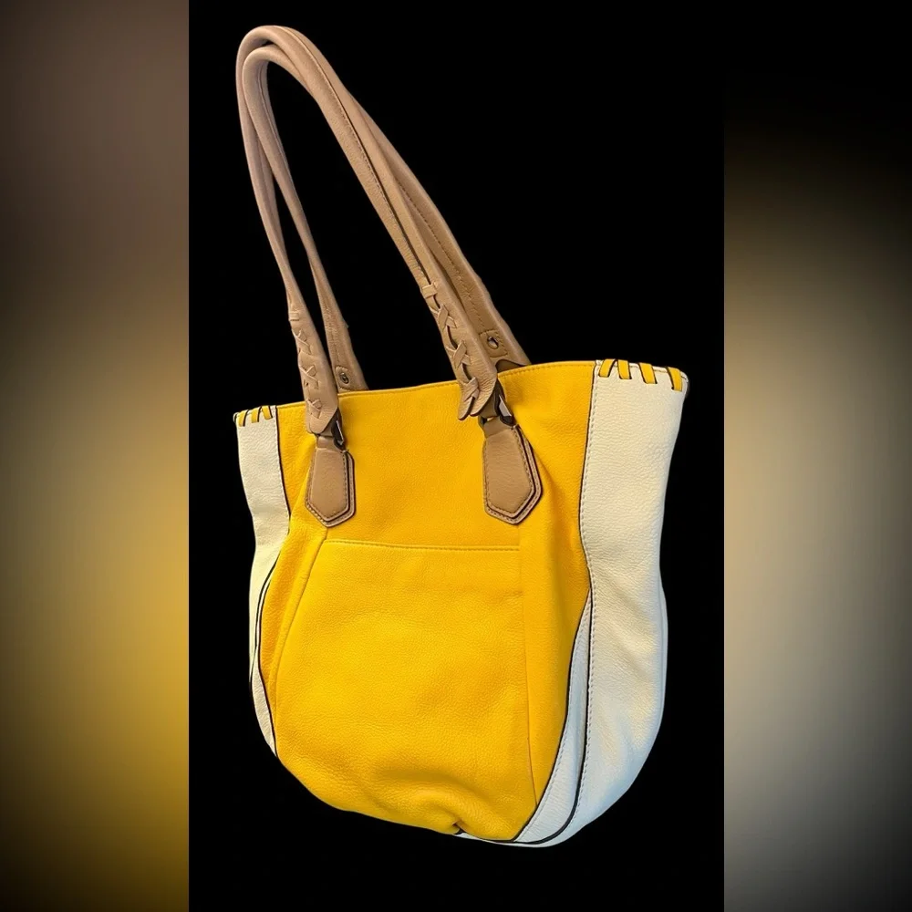 Oryany Lyssie Large Yellow Soft Pebble Leather Tote Cream Patterned SOLD! - Picture 5 of 11